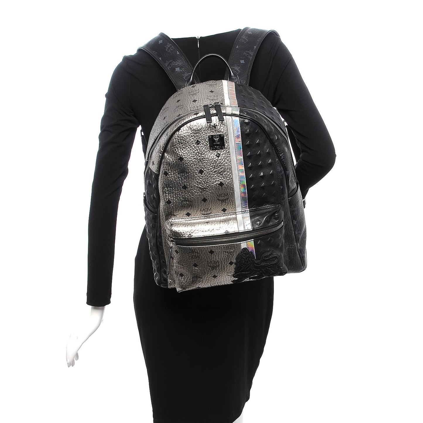 Metallic Visetos Calfskin Medium Studded Munich Lion Stark Backpack Silver Black