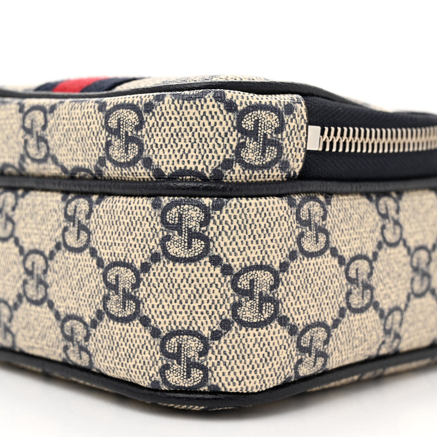 GG Supreme Monogram Textured Dollar Calfskin Web Mini Ophidia Double Zip Messenger Bag Beige Blue