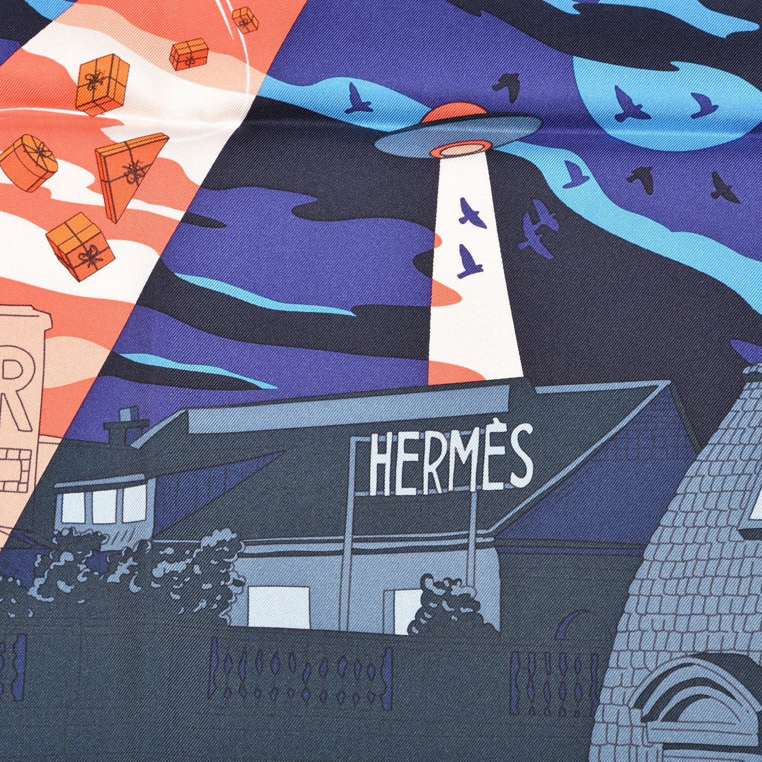 Hermes Silk Space Shopping Au Faubourg Scarf 90 Marine Orange Violet 6 of 7
