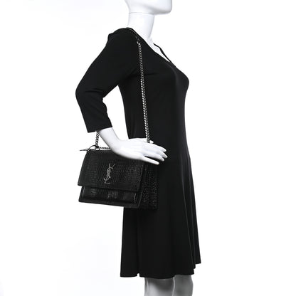 Saint Laurent Calfskin Crocodile Embossed Large Monogram Sunset Black 2 of 8
