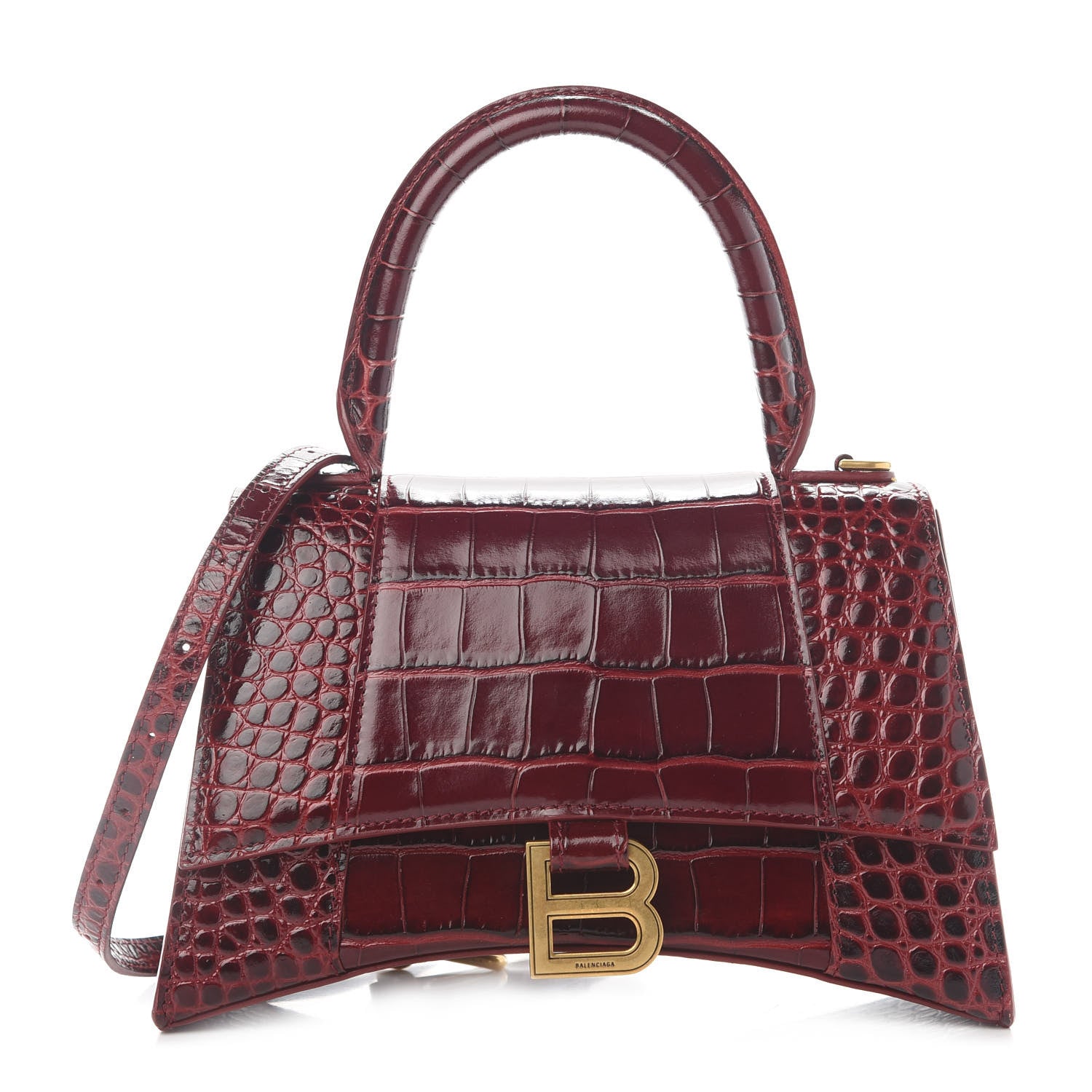 Balenciaga Shiny Calfskin Crocodile Embossed Small Hourglass Top Handle Bag Dark Red 1 of 8