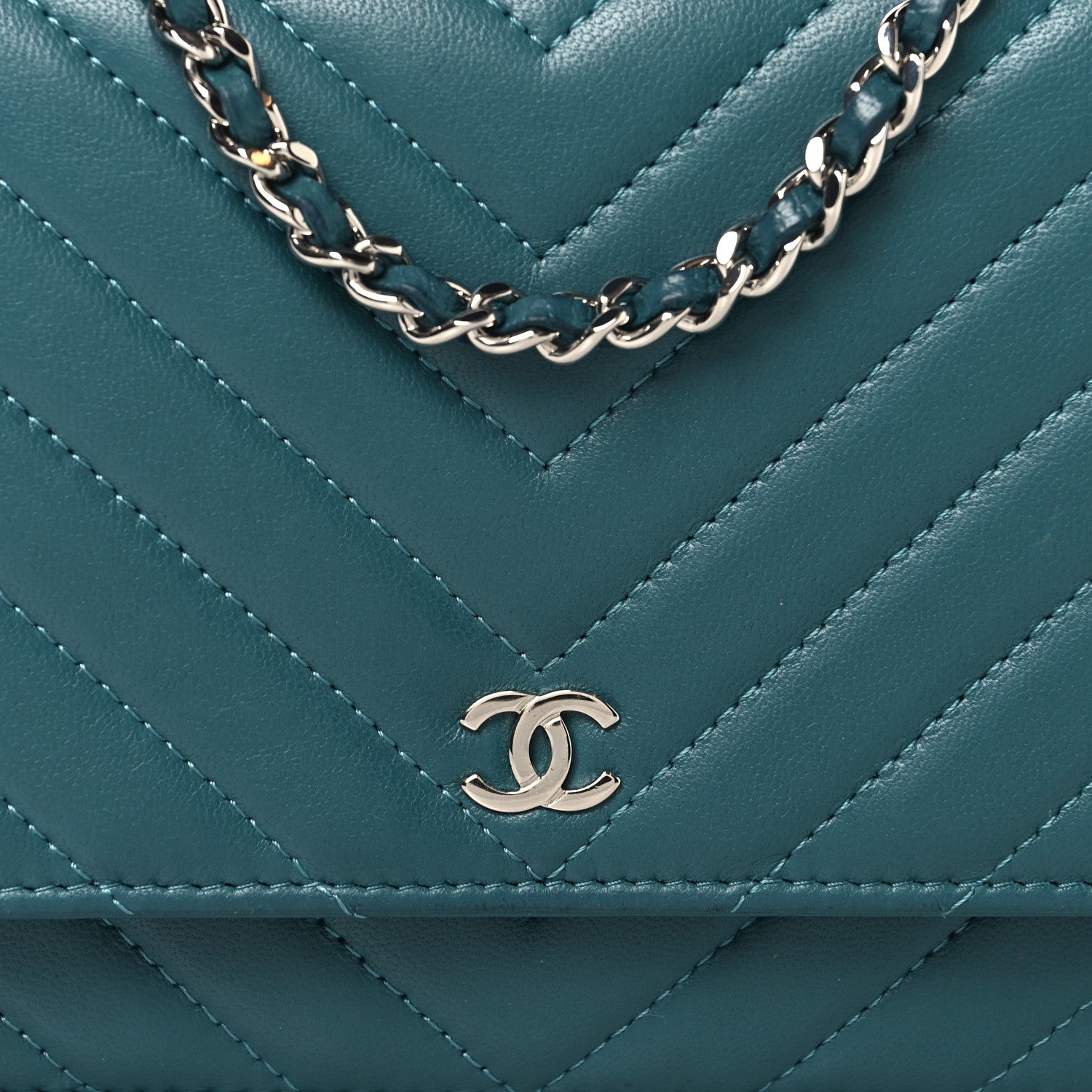 Chanel Lambskin Chevron Quilted Wallet On Chain WOC Turquoise 9 of 13