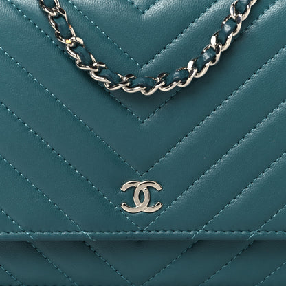 Chanel Lambskin Chevron Quilted Wallet On Chain WOC Turquoise 9 of 13