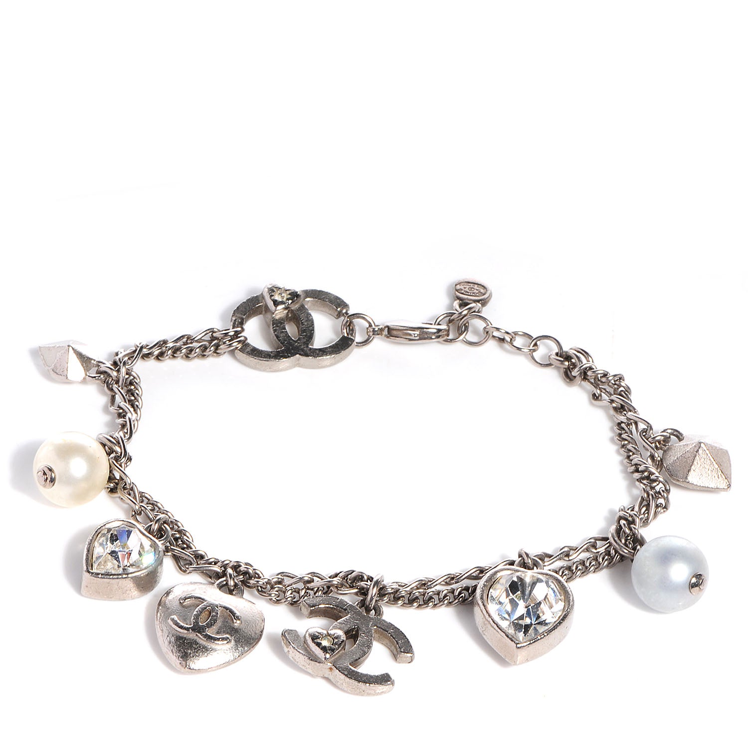 Chanel Crystal Pearl Heart CC Charm Bracelet Silver 1 of 4