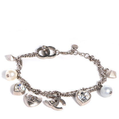 Chanel Crystal Pearl Heart CC Charm Bracelet Silver 1 of 4