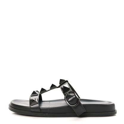 Valentino Garavani Calfskin Roman Stud Slide Sandals 39.5 Black 1 of 10