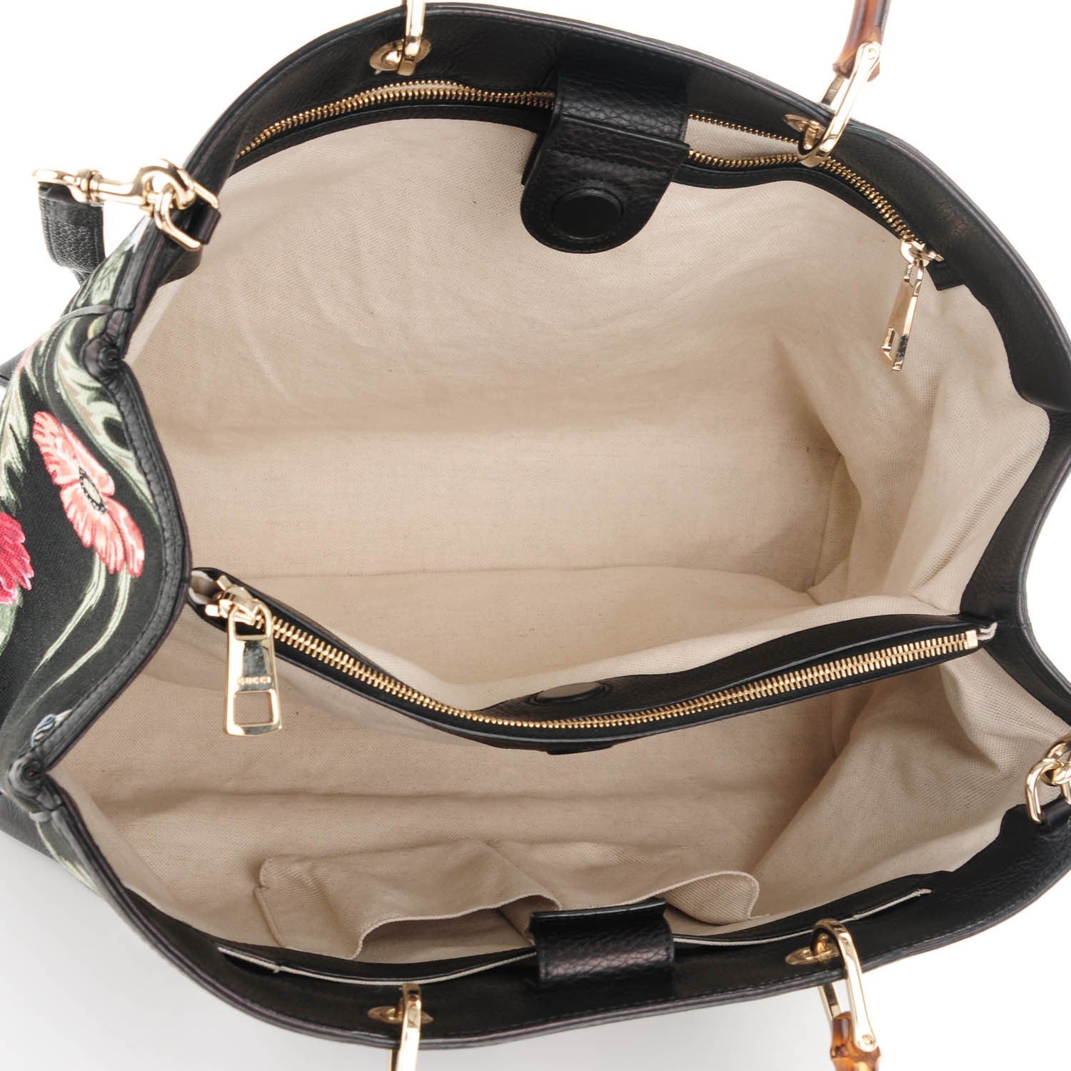 Gucci Canvas Cellarius Calfskin Flora Knight Large Bamboo Shopper Tote Black 5 of 7