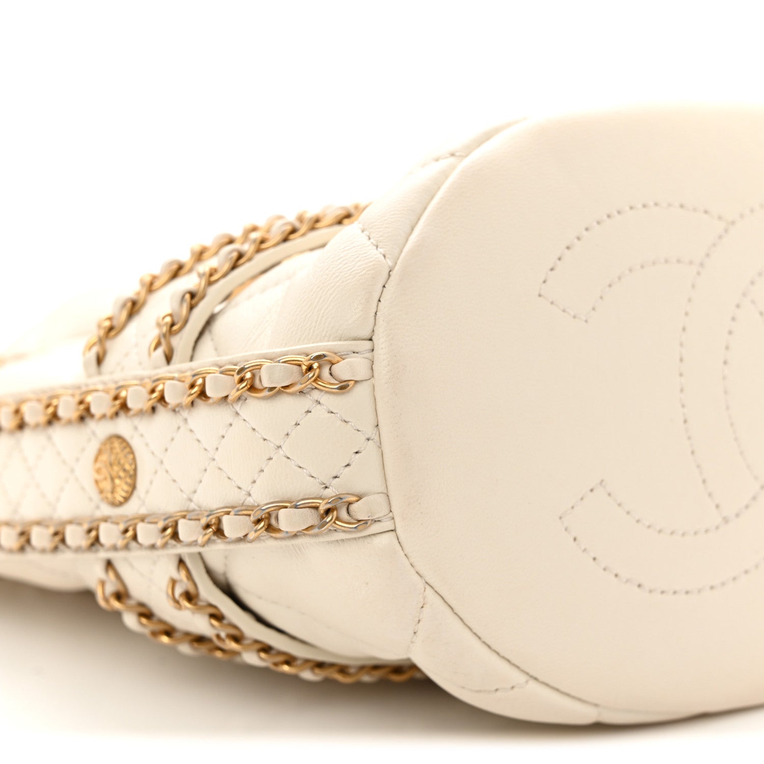 Chanel Aged Calfskin Quilted Chain Bucket Drawstring Bag White 9 of 11