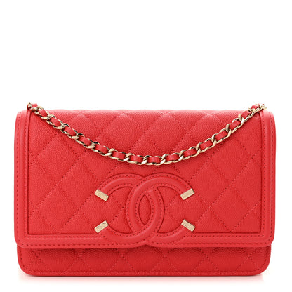 Chanel Caviar Quilted CC Filigree Wallet On Chain WOC Red 1 of 11