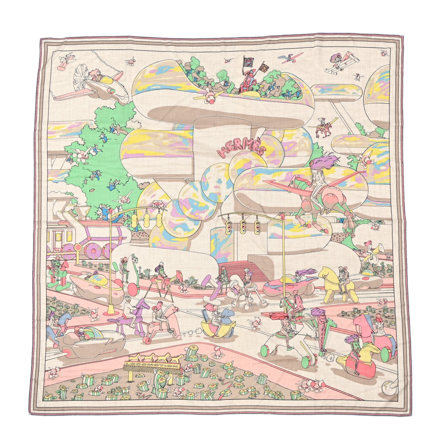 Hermes Cashmere Silk Locomotion Shawl 140 Naturel Vert Jaune 1 of 18