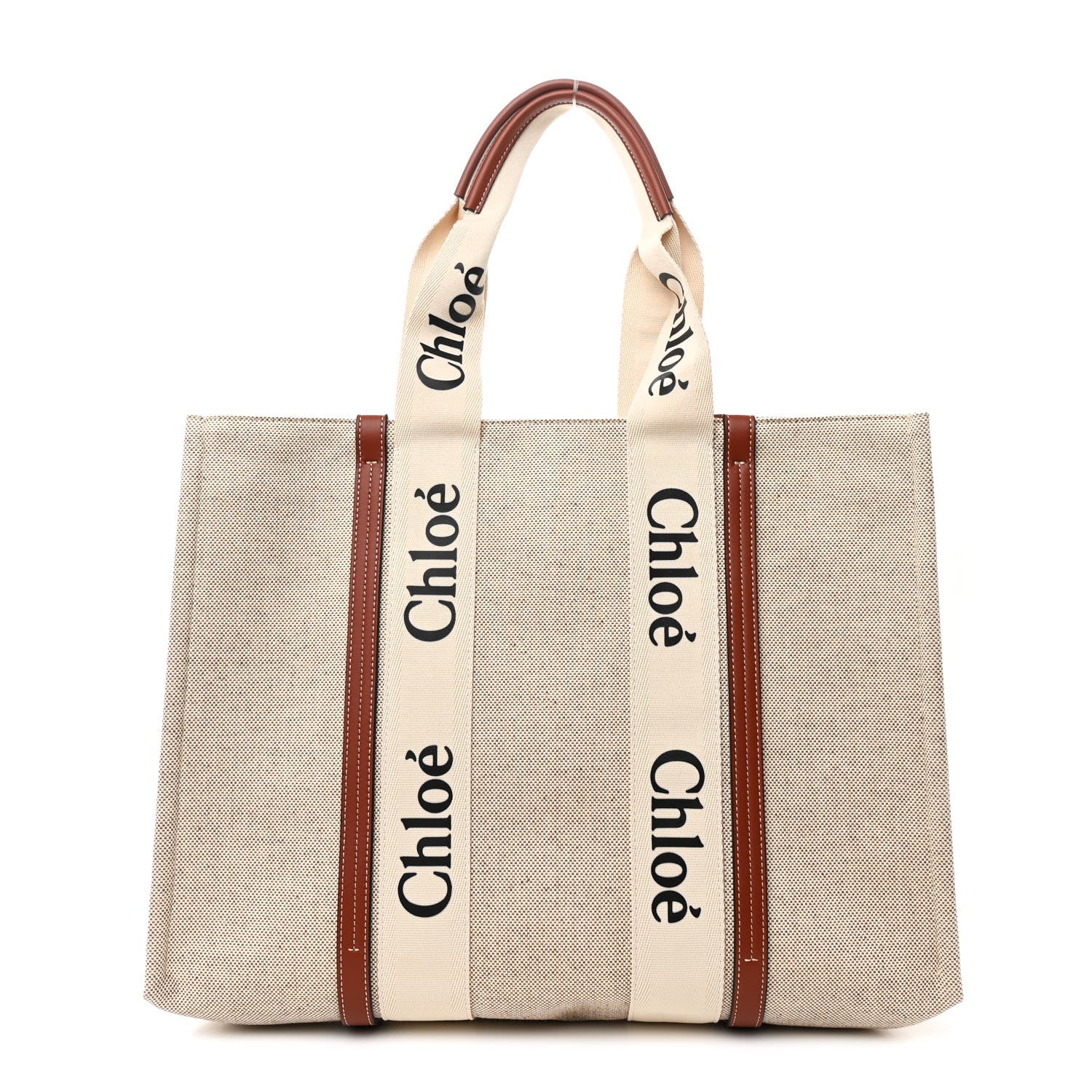 Chloe Cotton Calfskin Large Woody Ribbon Tote White Brown 1 of 10