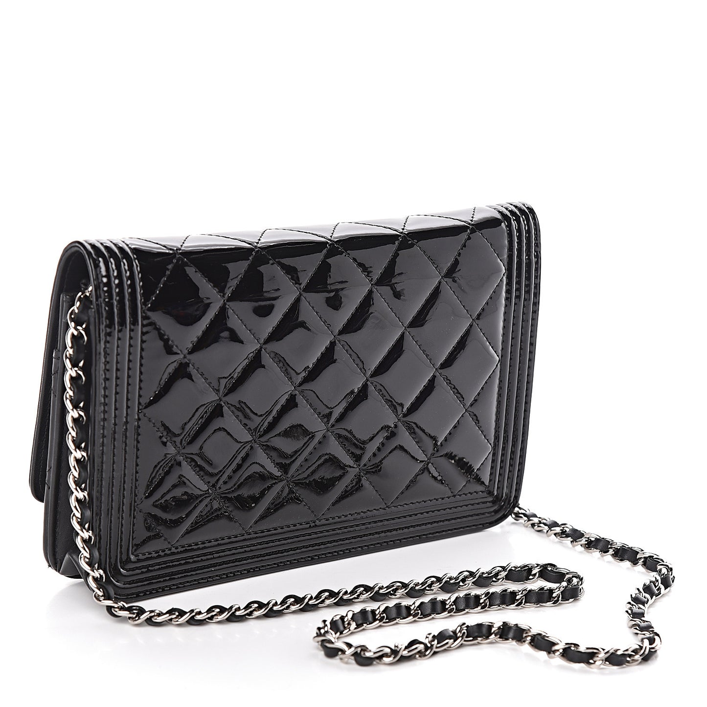 Patent Calfskin Quilted Boy Wallet On Chain WOC Black
