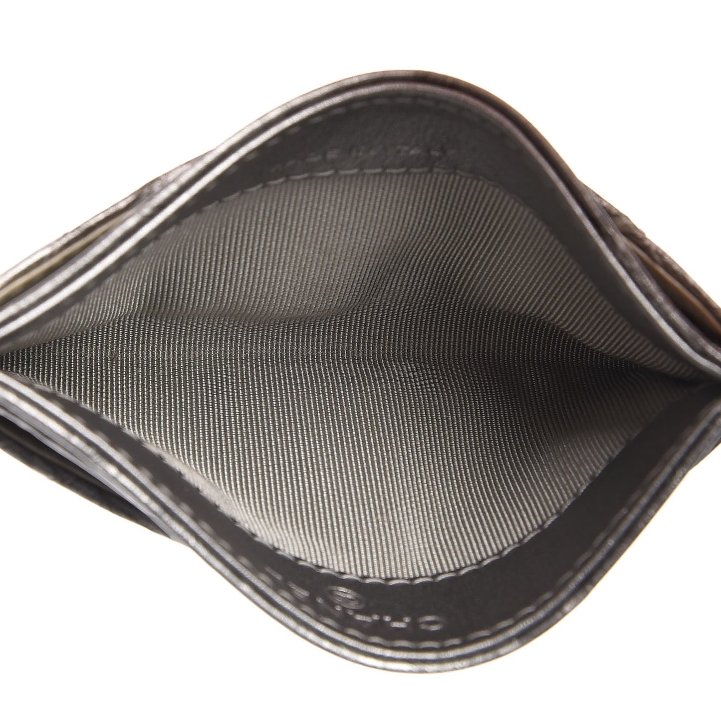 Patent Metallic Crumpled Calfskin Chevron Quilted Card Holder Silver