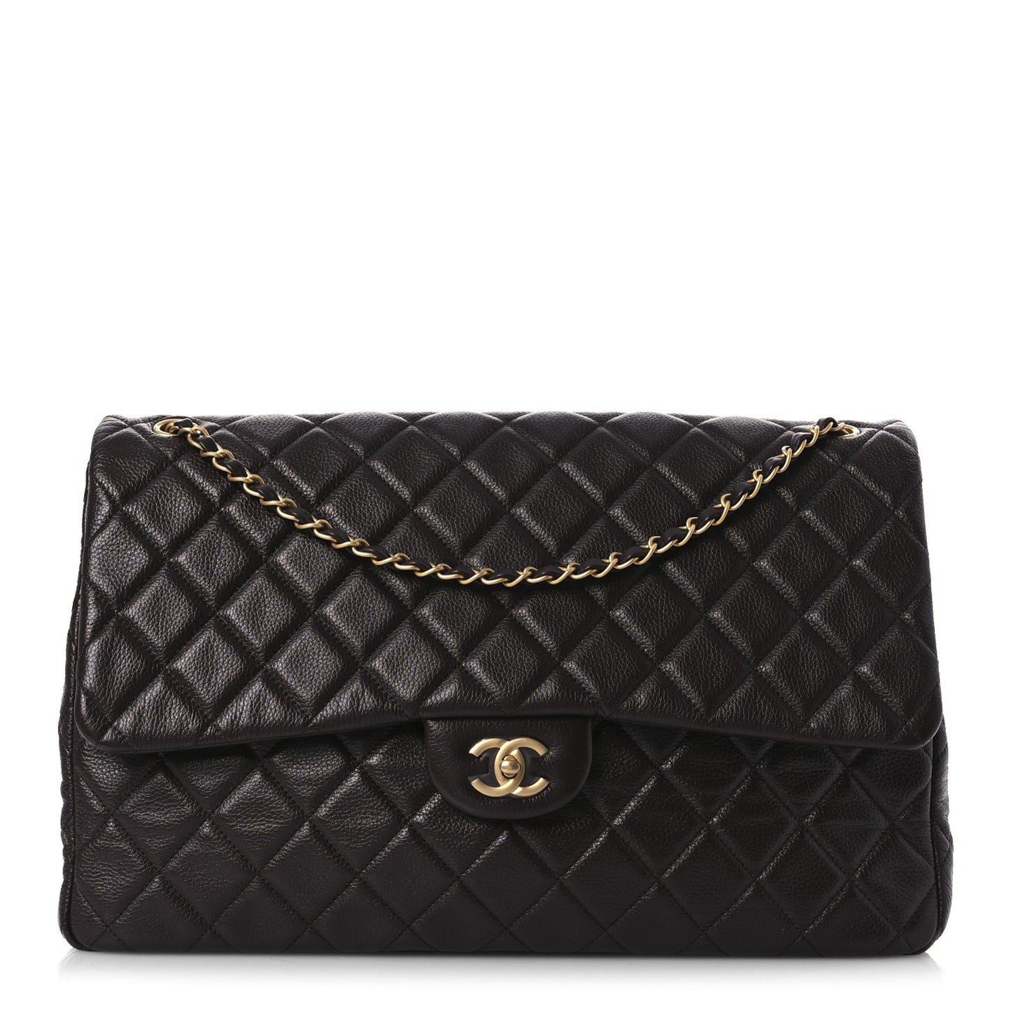 Grained Calfskin Quilted XXL Travel Flap Bag Dark Brown