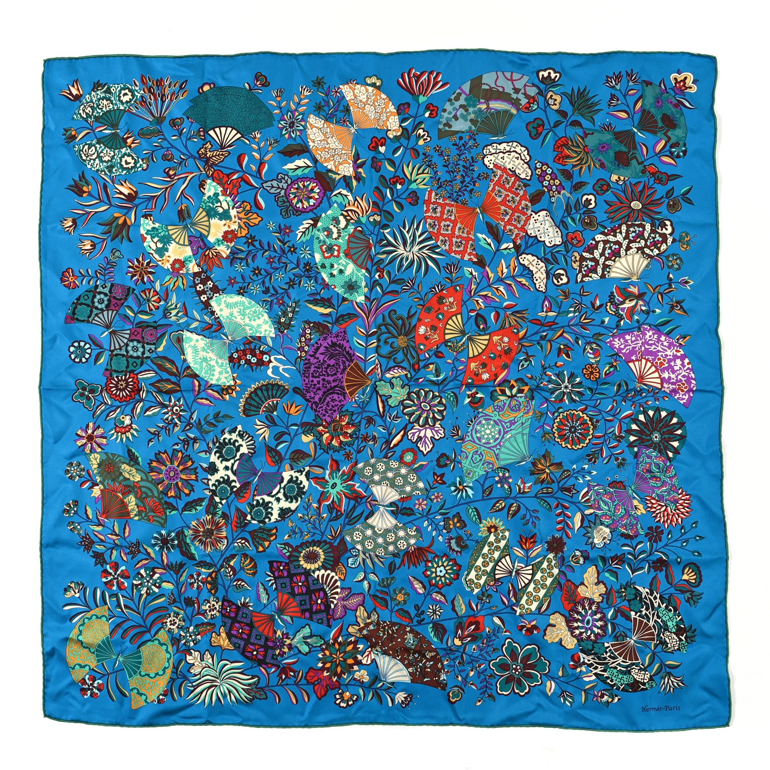 Hermes Silk Fleurs et Papillons de Tissus Shawl 90 Canard Vert Rouge 1 of 3