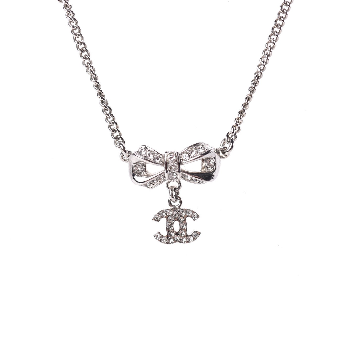 Crystal CC Bow Necklace Silver