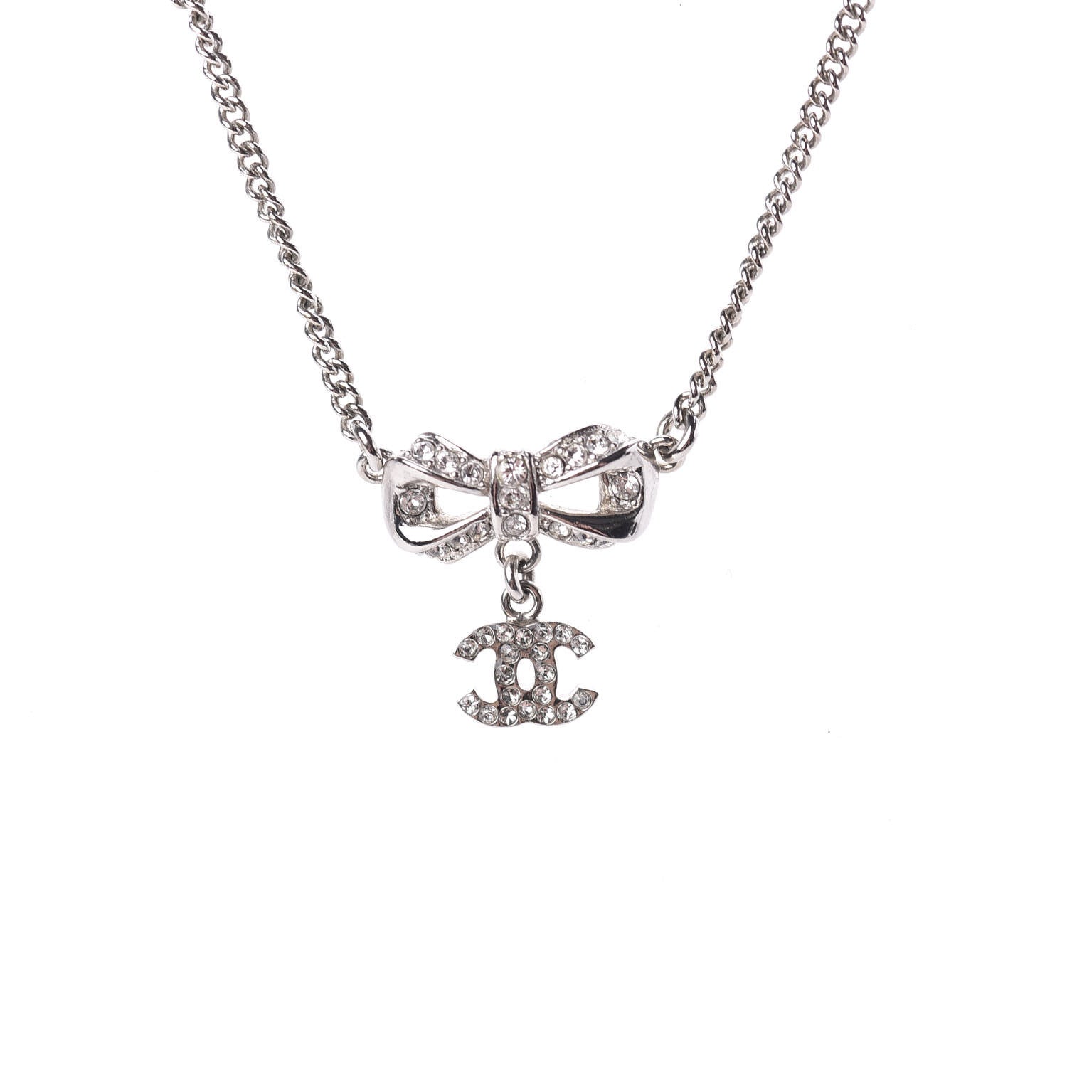 Chanel Crystal CC Bow Necklace Silver 4 of 5