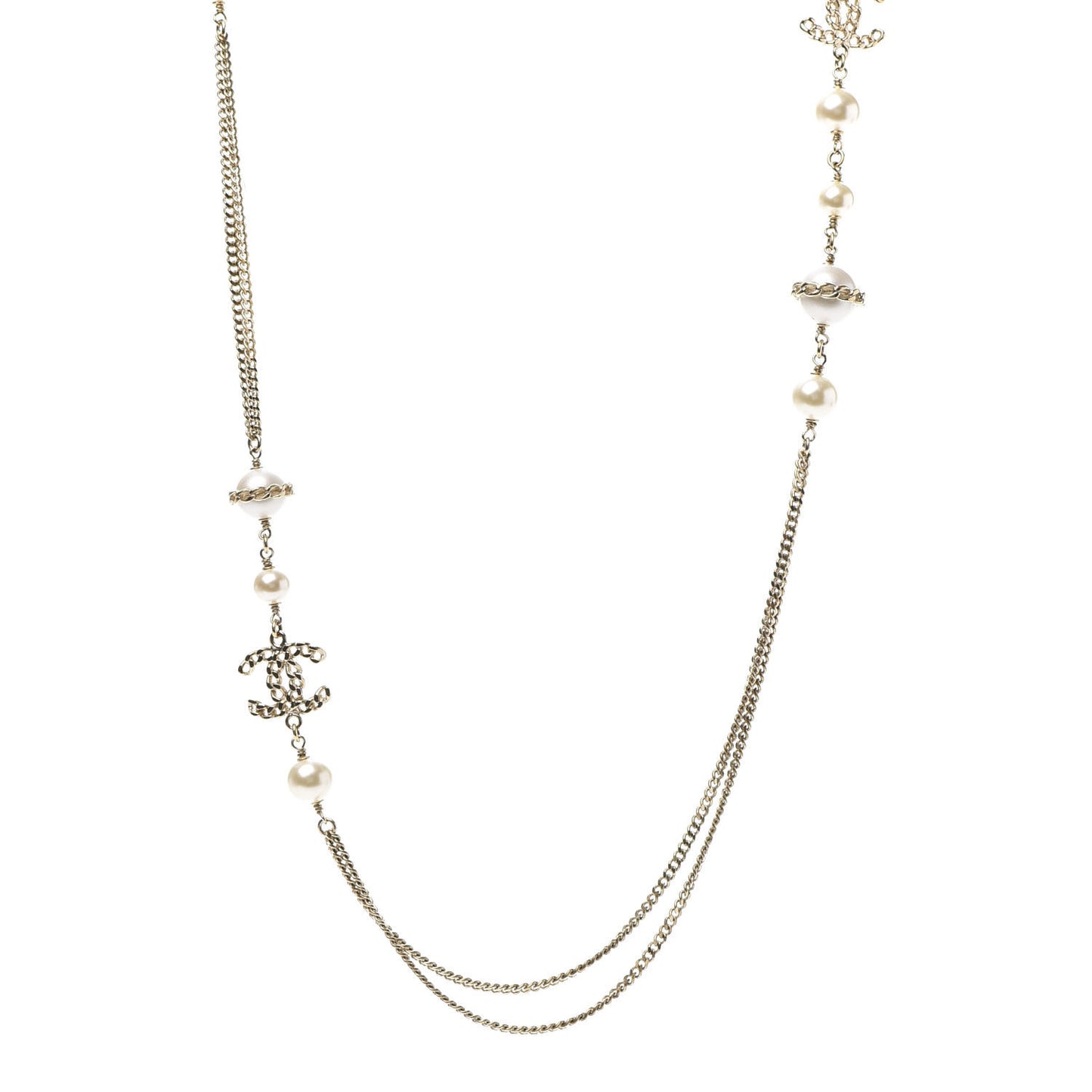 Pearl Chain CC Multi Strand Necklace Gold