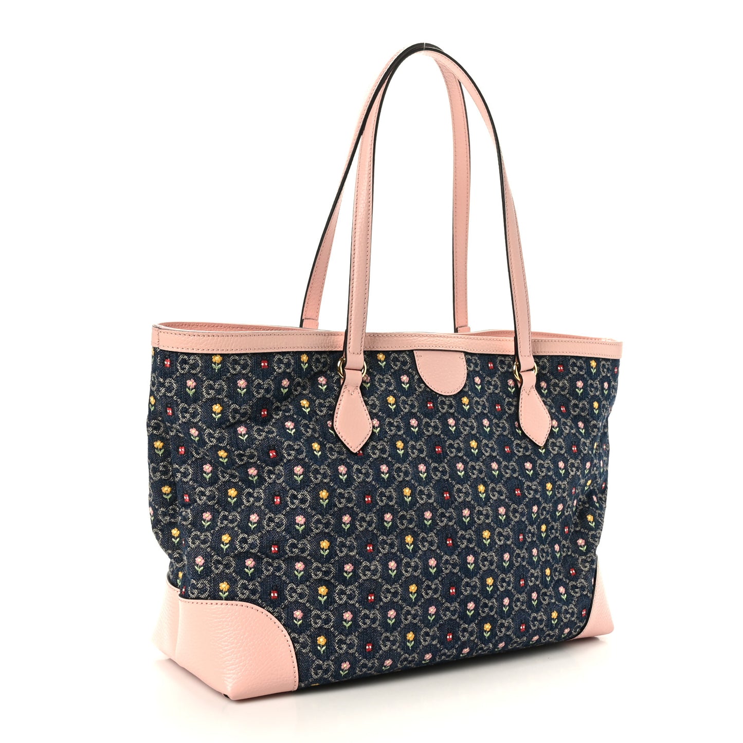 New Denim Dollar Calfskin Floral GG Monogram Medium Ophidia Shopping Tote Blue Tea Multicolor Powder Pink
