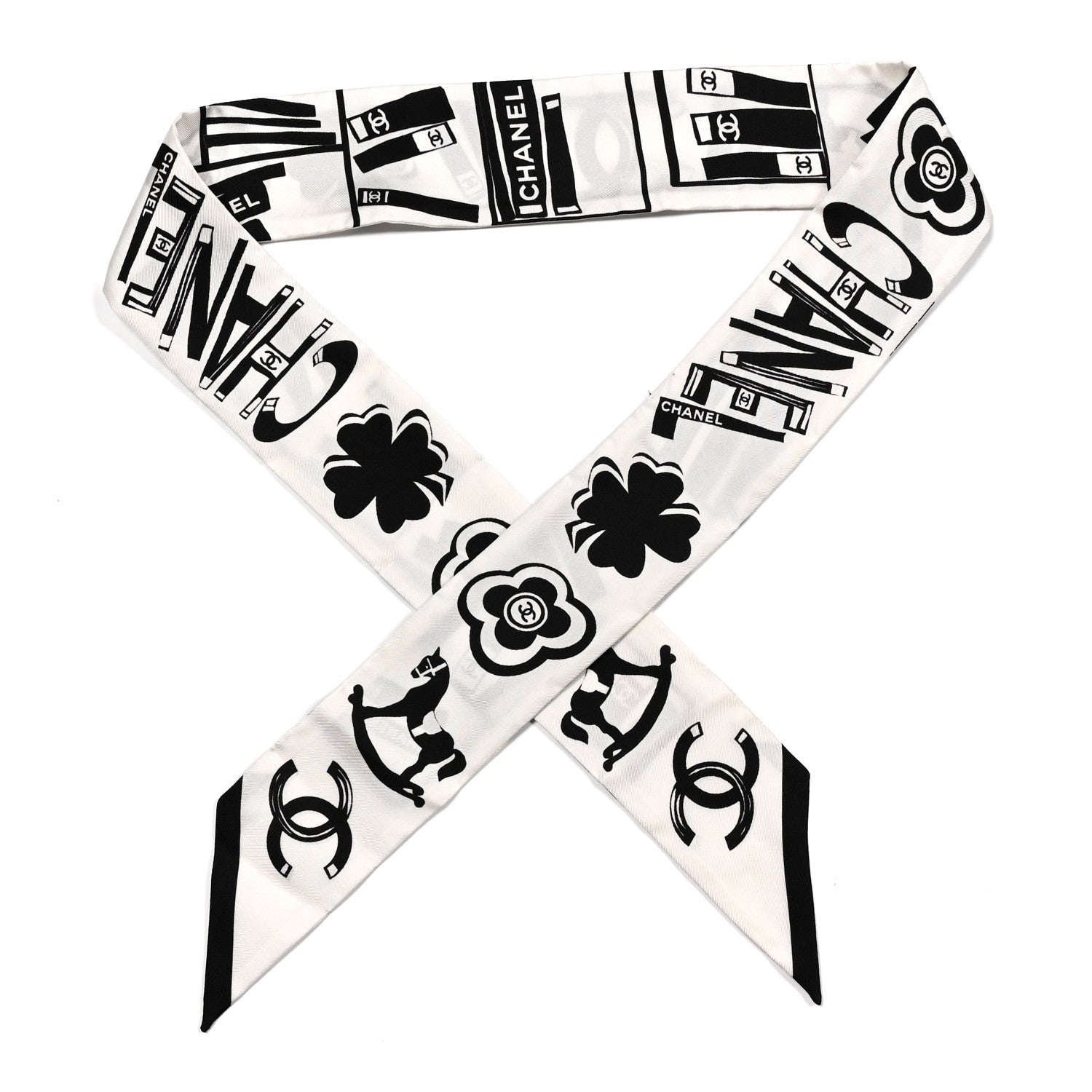 Chanel Silk CC Logo Slim Bandeau Scarf White Black 1 of 3