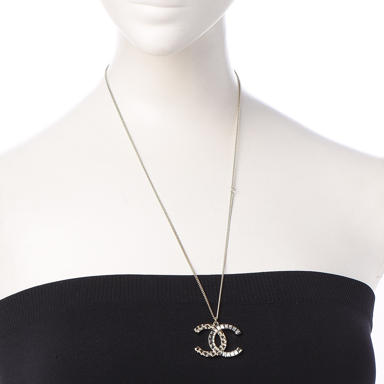 Chanel Baguette Crystal Quilted CC Pendant Necklace Gold 2 of 6