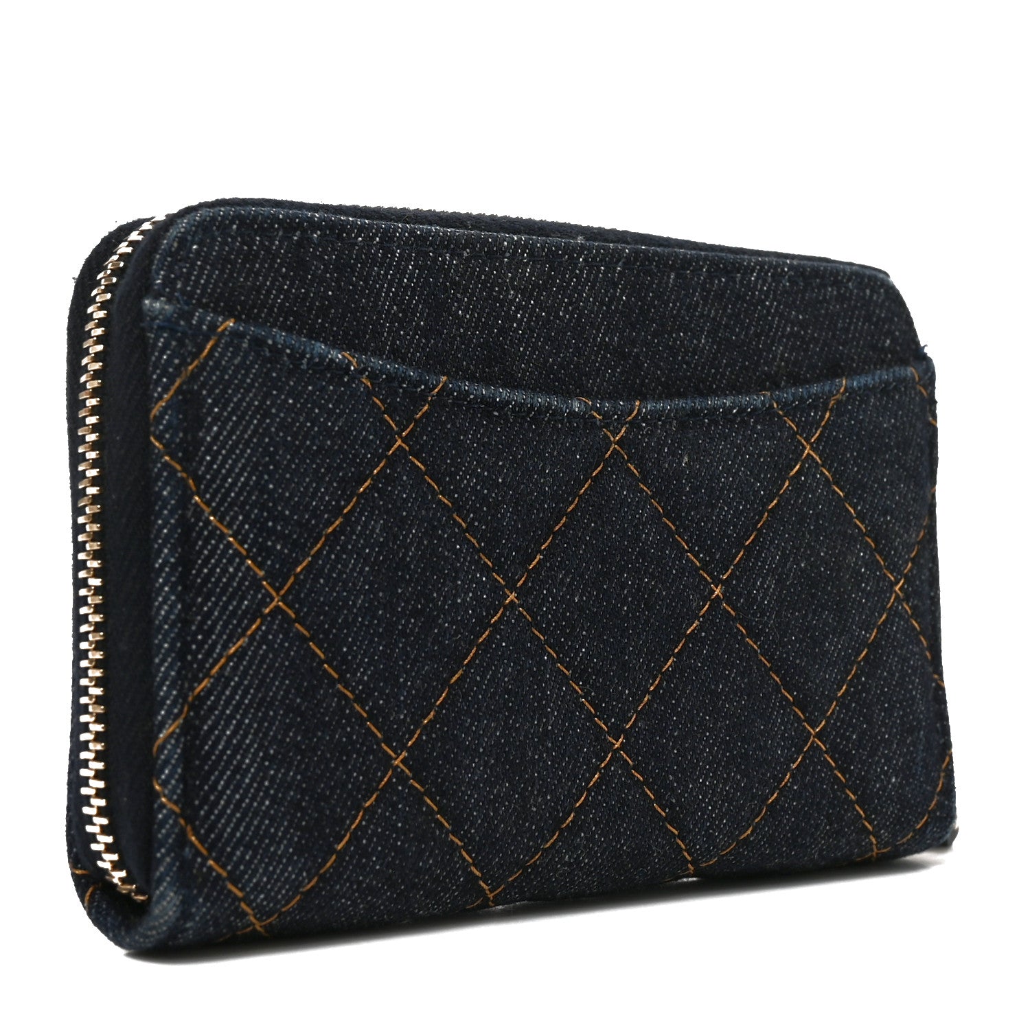 Chanel Denim Quilted Zip Coin Purse Dark Blue Orange 3 of 8