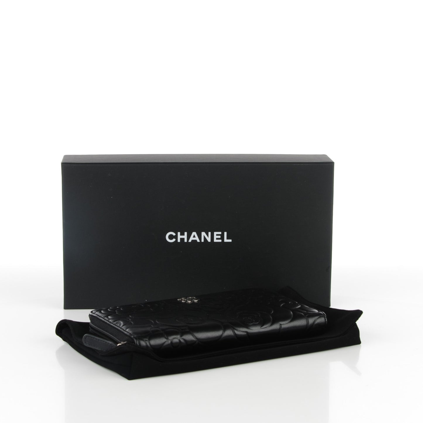 Lambskin Camellia Embossed Large Zip Around Gusset Wallet Black