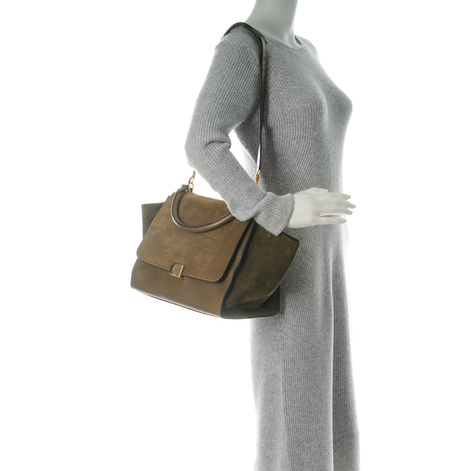 Celine Crocodile Embossed Nubuck Medium Trapeze Olive 2 of 9