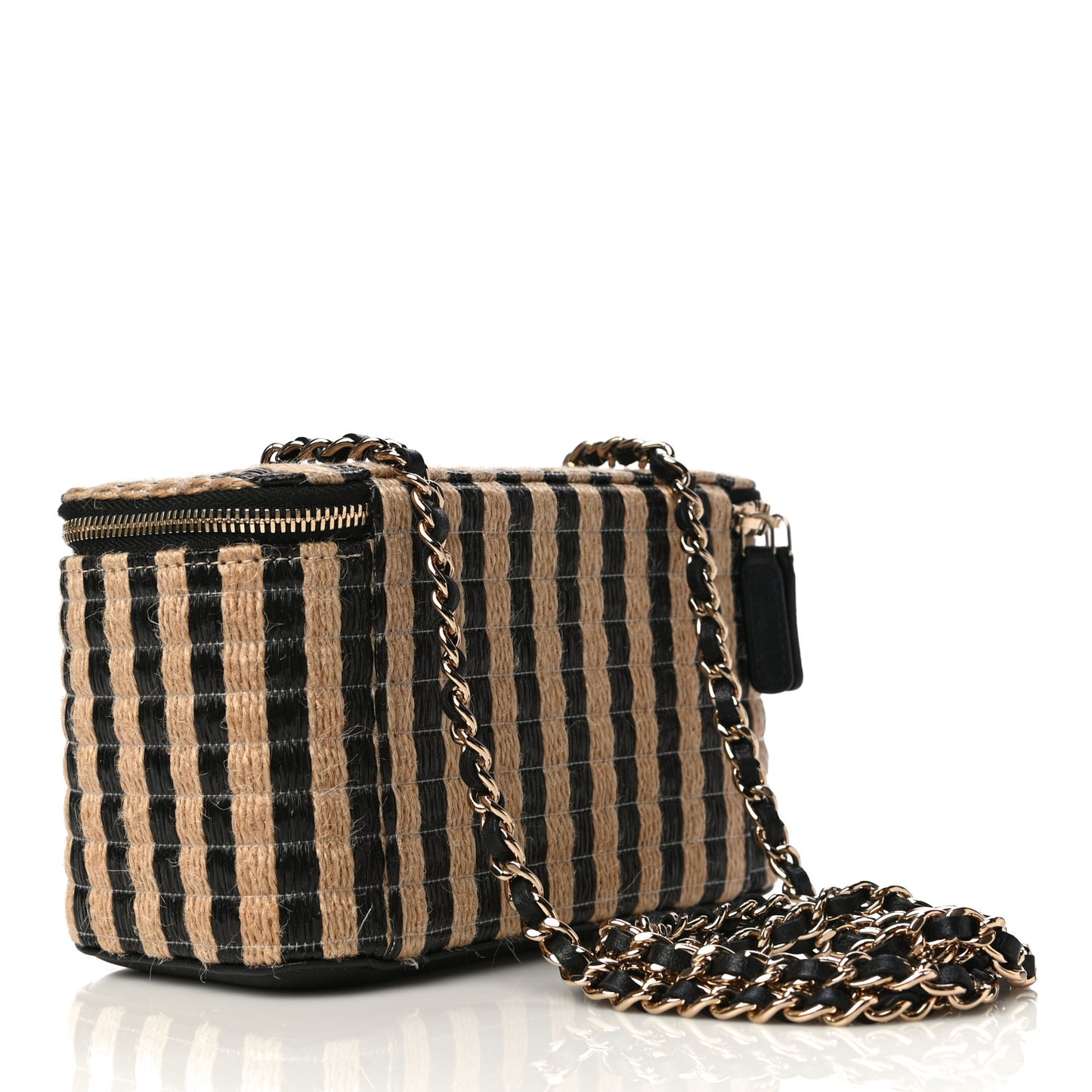 Raffia Jute Striped Small Vanity Case With Chain Black Beige