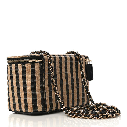 Chanel Raffia Jute Striped Small Vanity Case With Chain Black Beige 3 of 14