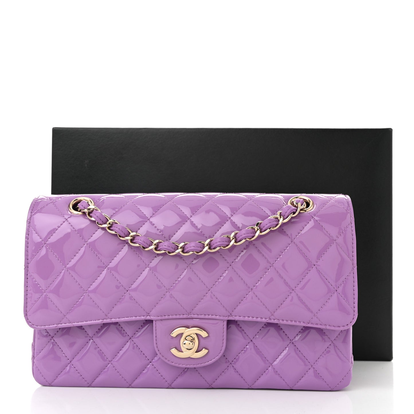 Patent Calfskin Quilted Medium Double Flap Purple Purple