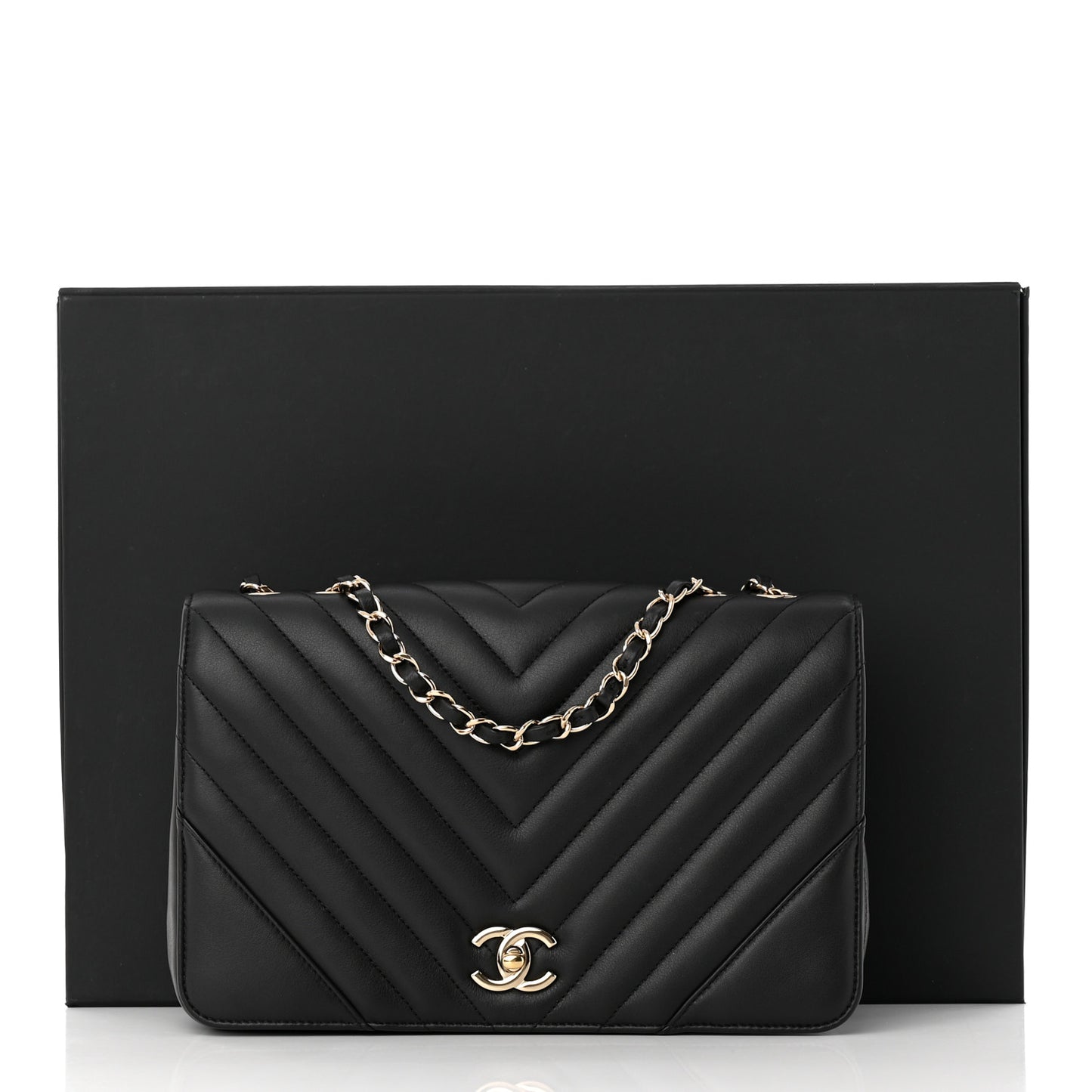 Calfskin Chevron Quilted Large Statement Flap Black