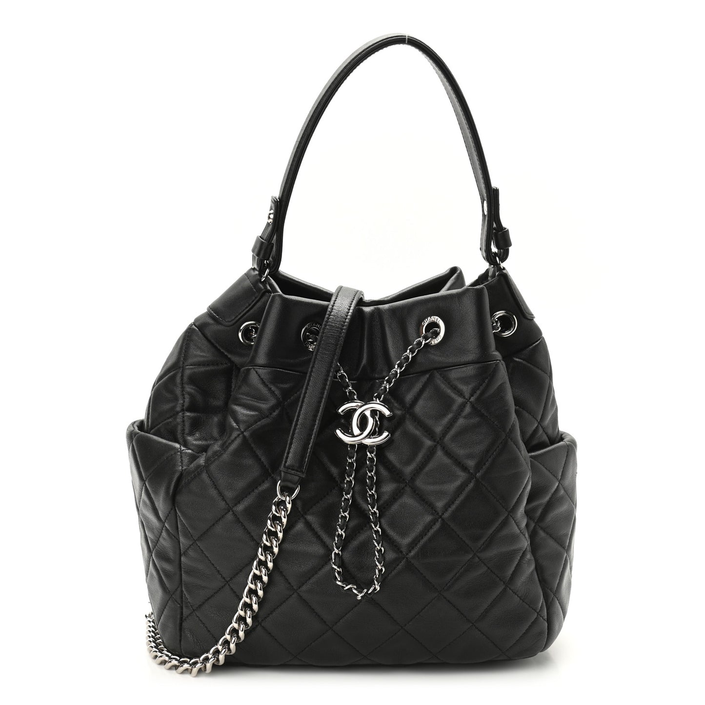 Caviar Flat Quilted CC Chain Bucket Drawstring Bag Black