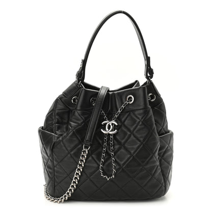 Chanel Caviar Flat Quilted CC Chain Bucket Drawstring Bag Black 1 of 11