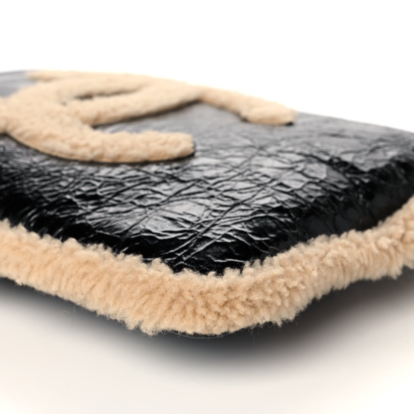Shiny Crumpled Sheepskin Shearling CC Mania Zip Pouch Black Beige