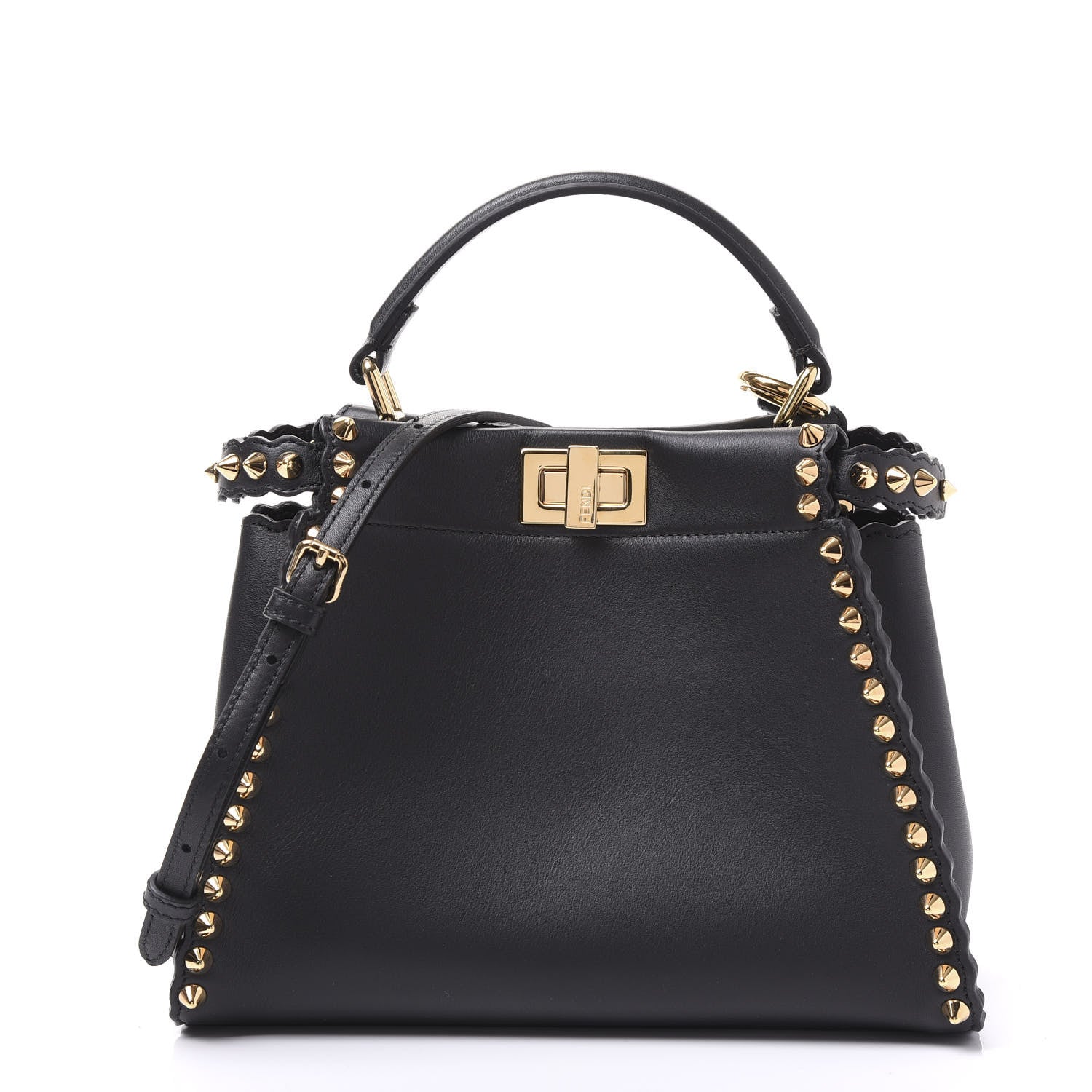 Fendi Vitello Seta Shiny Nappa Scalloped Studded Mini Peekaboo Iconic Satchel Black 1 of 8