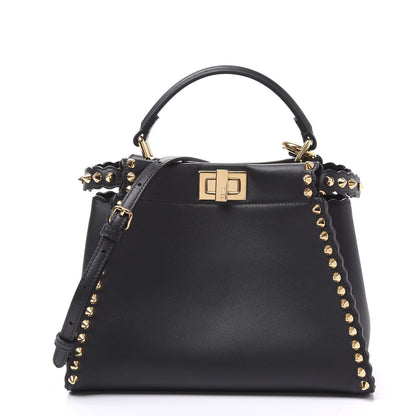 Fendi Vitello Seta Shiny Nappa Scalloped Studded Mini Peekaboo Iconic Satchel Black 1 of 8