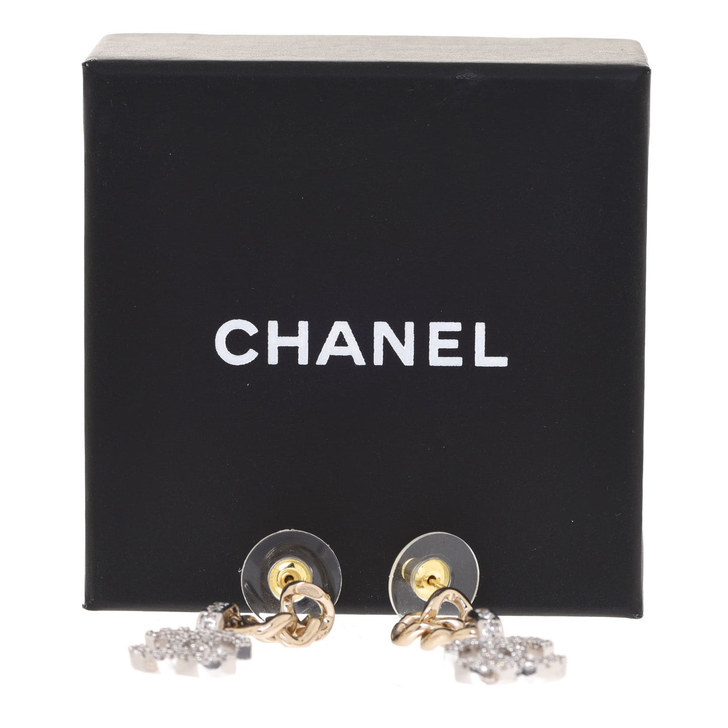 Metal Crystal CC Drop Earrings Gold