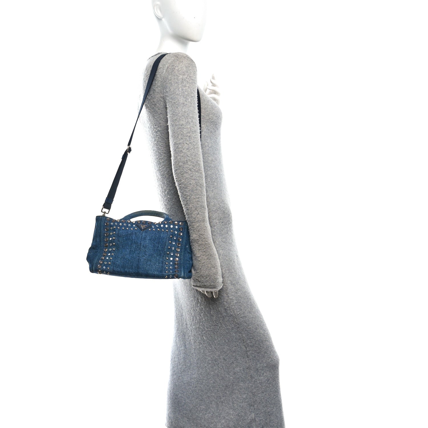 Prada Canapa Denim Crystal Studded Tote Blue 2 of 11