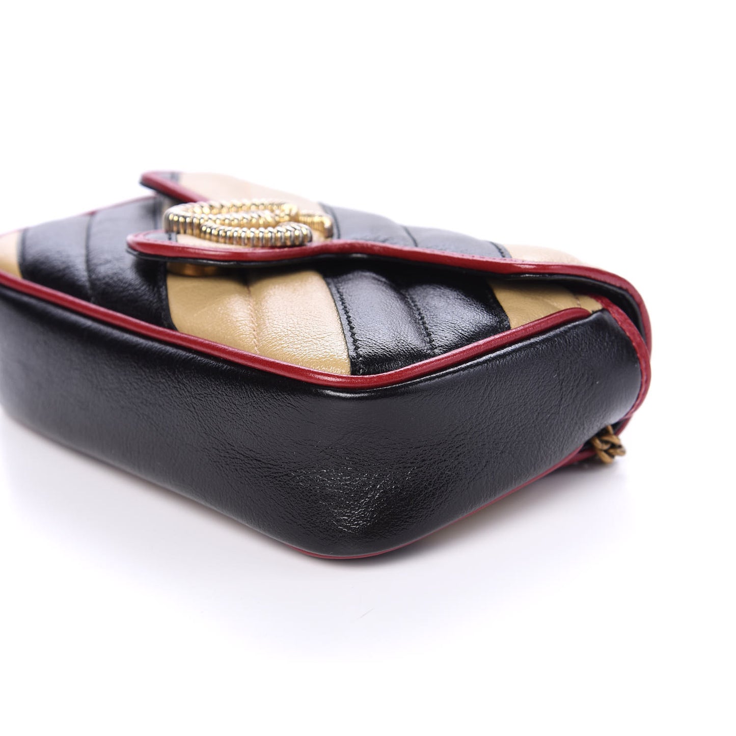 Vintage Effect Calfskin Matelasse Diagonal Striped Super Mini Torchon GG Marmont Shoulder Bag Black Beige