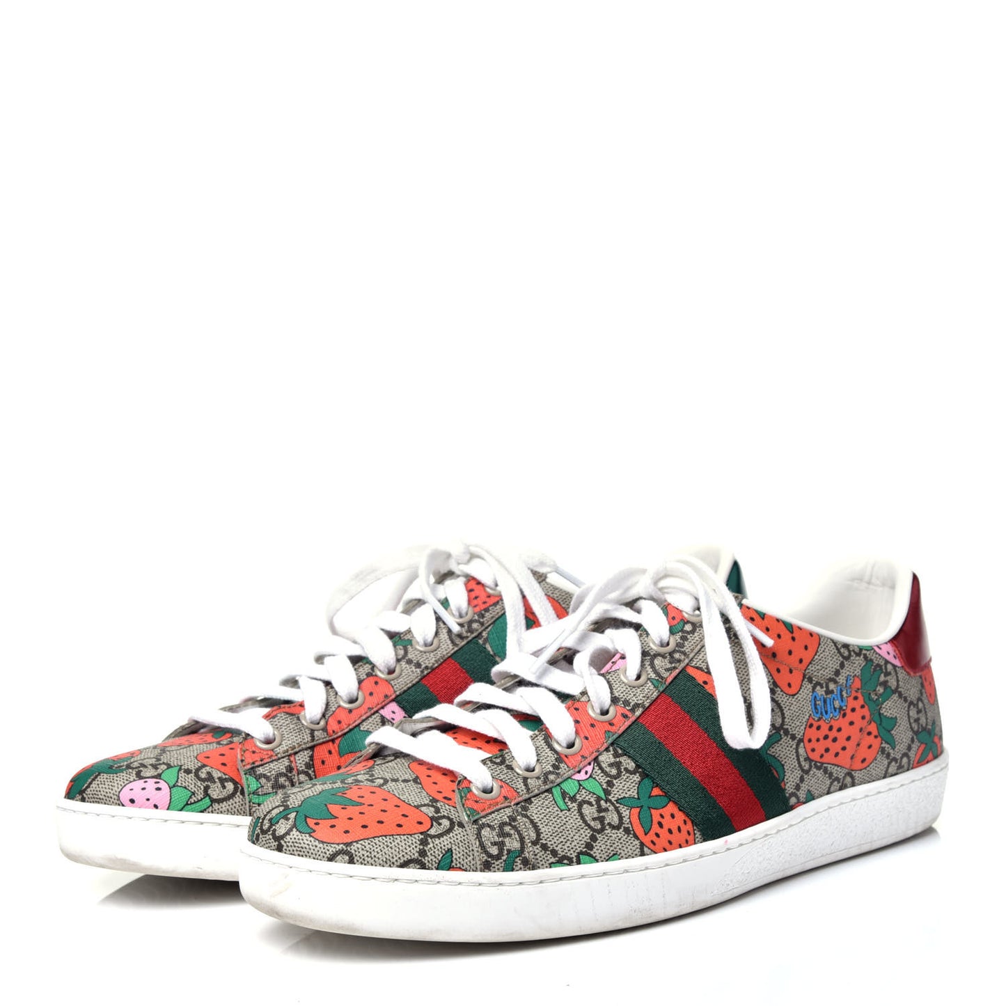 GG Supreme Monogram Strawberry Web Womens Ace Sneakers 40 Beige Multicolor Red Green