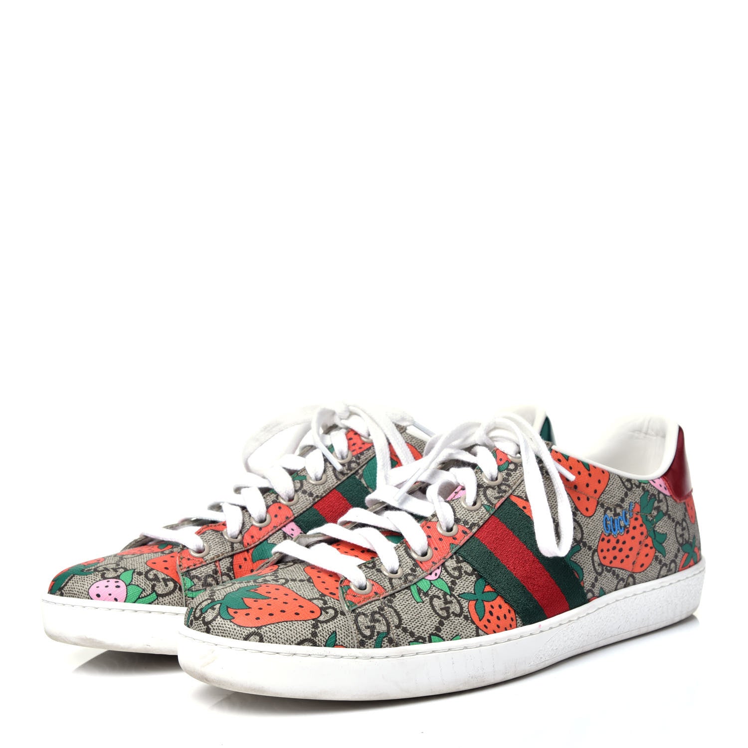 Gucci GG Supreme Monogram Strawberry Web Womens Ace Sneakers 40 Beige Multicolor Red Green 3 of 11