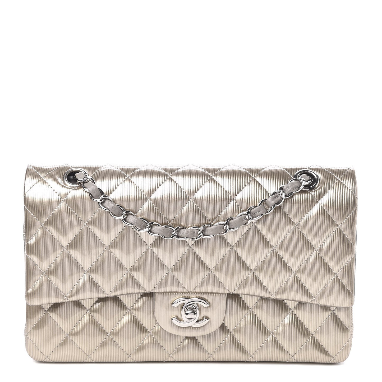 Striated Patent Quilted Medium Double Flap Gold
