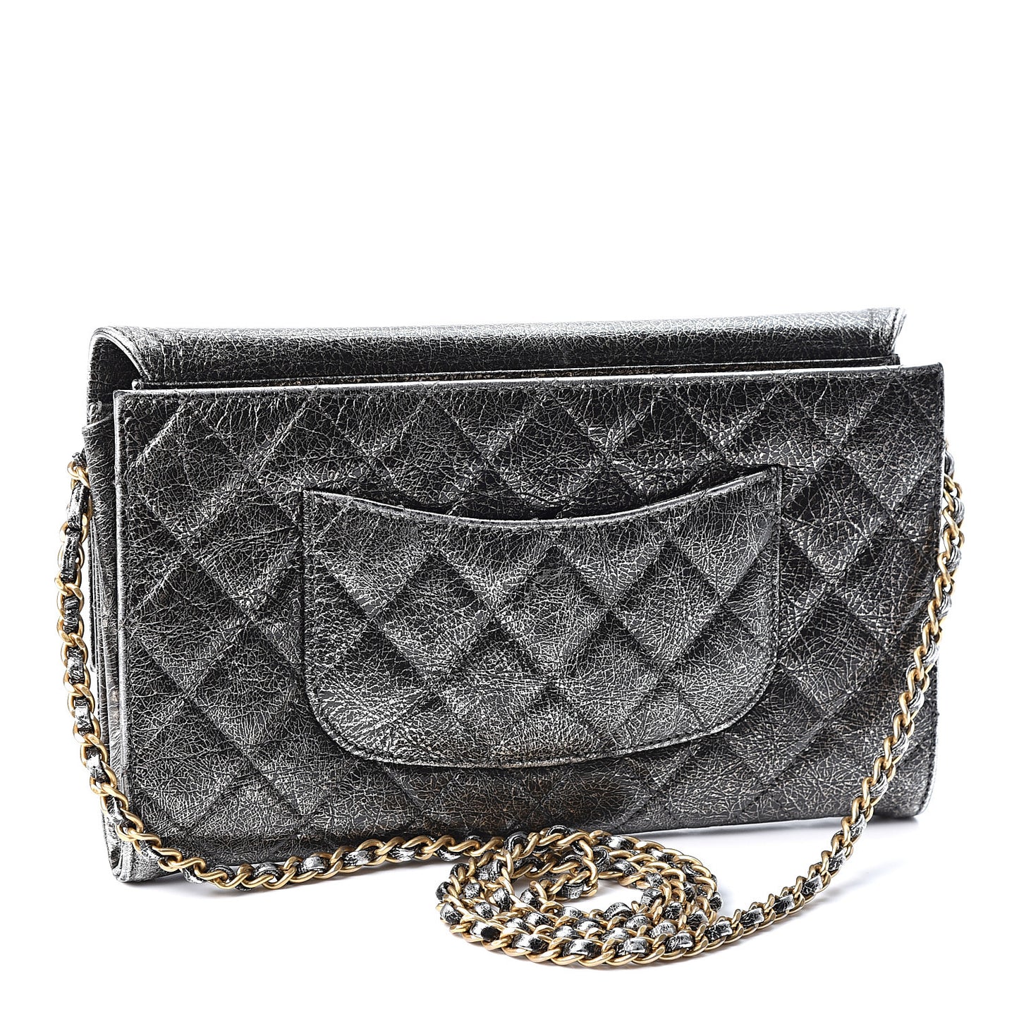 Cracked Metallic Calfskin Quilted Zip Away Chain Clutch Dark Silver
