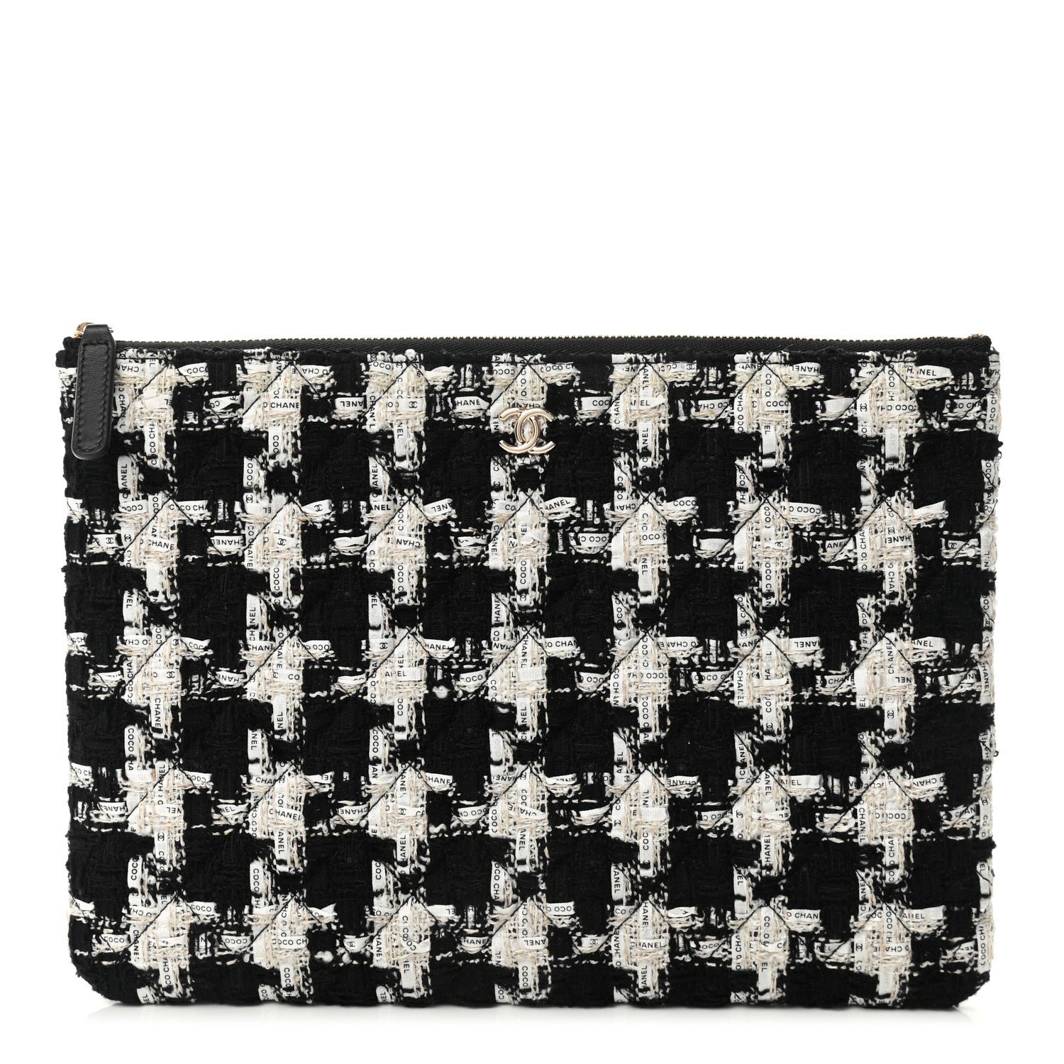 Chanel Tweed Quilted Medium Cosmetic Pouch Black Ecru White 1 of 8