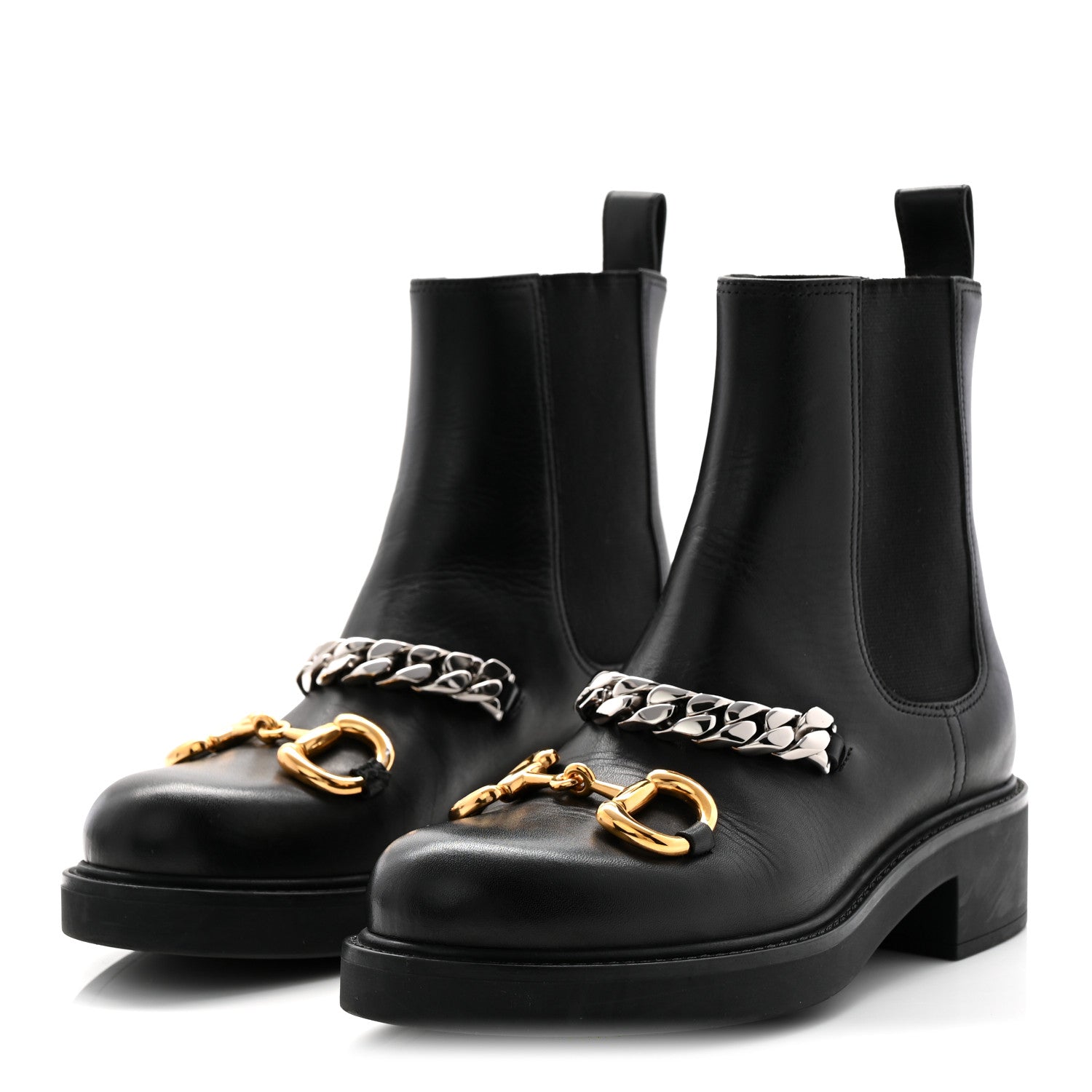 Gucci Flores Calfskin Horsebit Chain Ankle Boots 35.5 Black 3 of 12