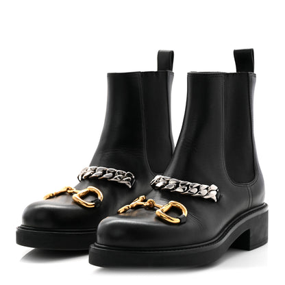 Gucci Flores Calfskin Horsebit Chain Ankle Boots 35.5 Black 3 of 12