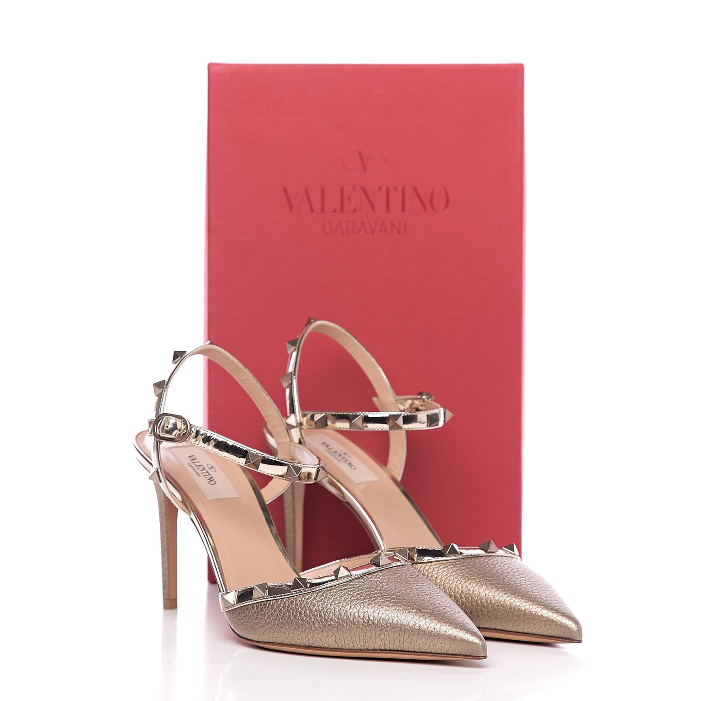 Metallic Pebbled Calfskin Patent Rockstud Ankle Strap 85mm Pumps 40 Skin