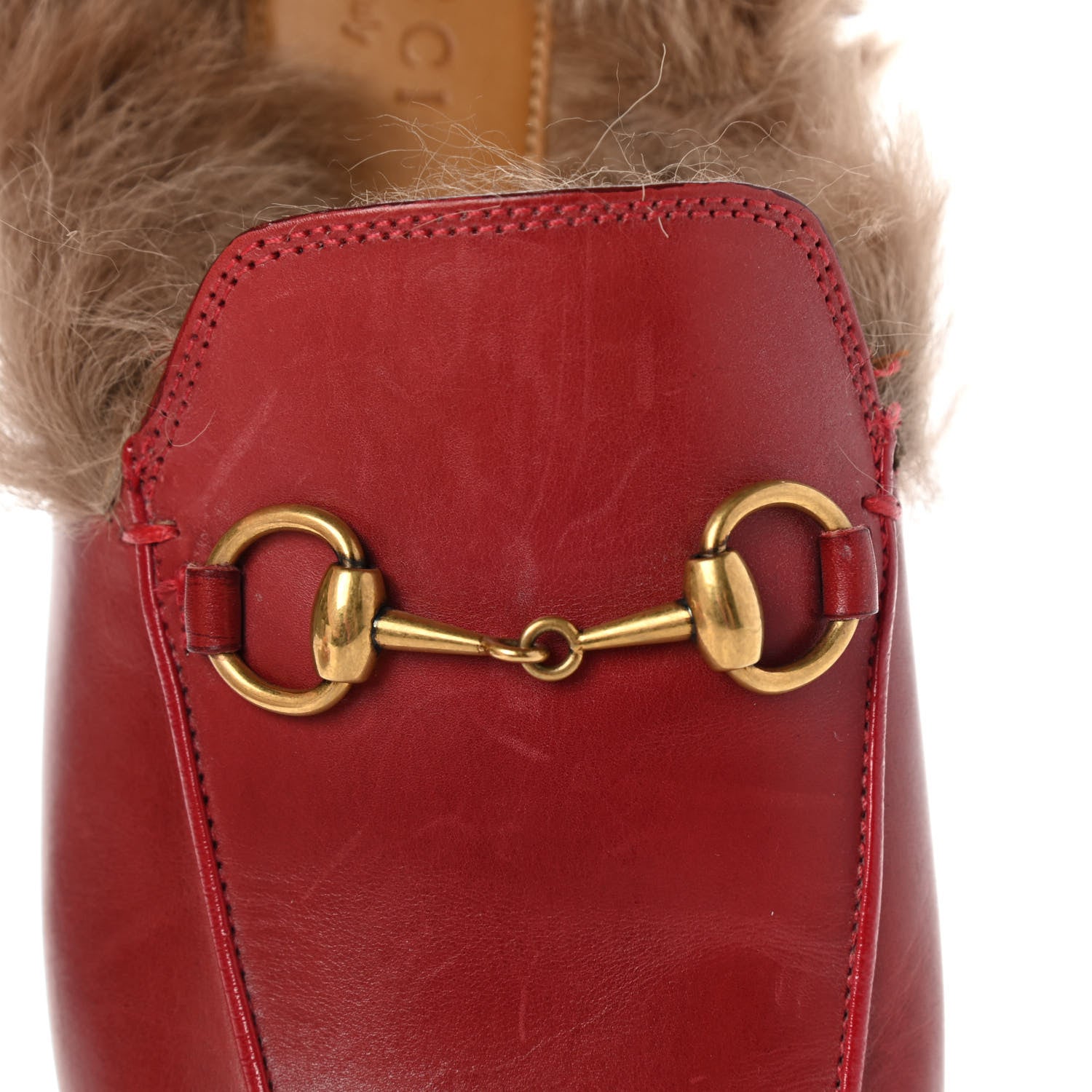 Gucci Betis Glamour Calfskin Fur Womens Princetown Slippers 35.5 Hibiscus Red Naturale 11 of 13
