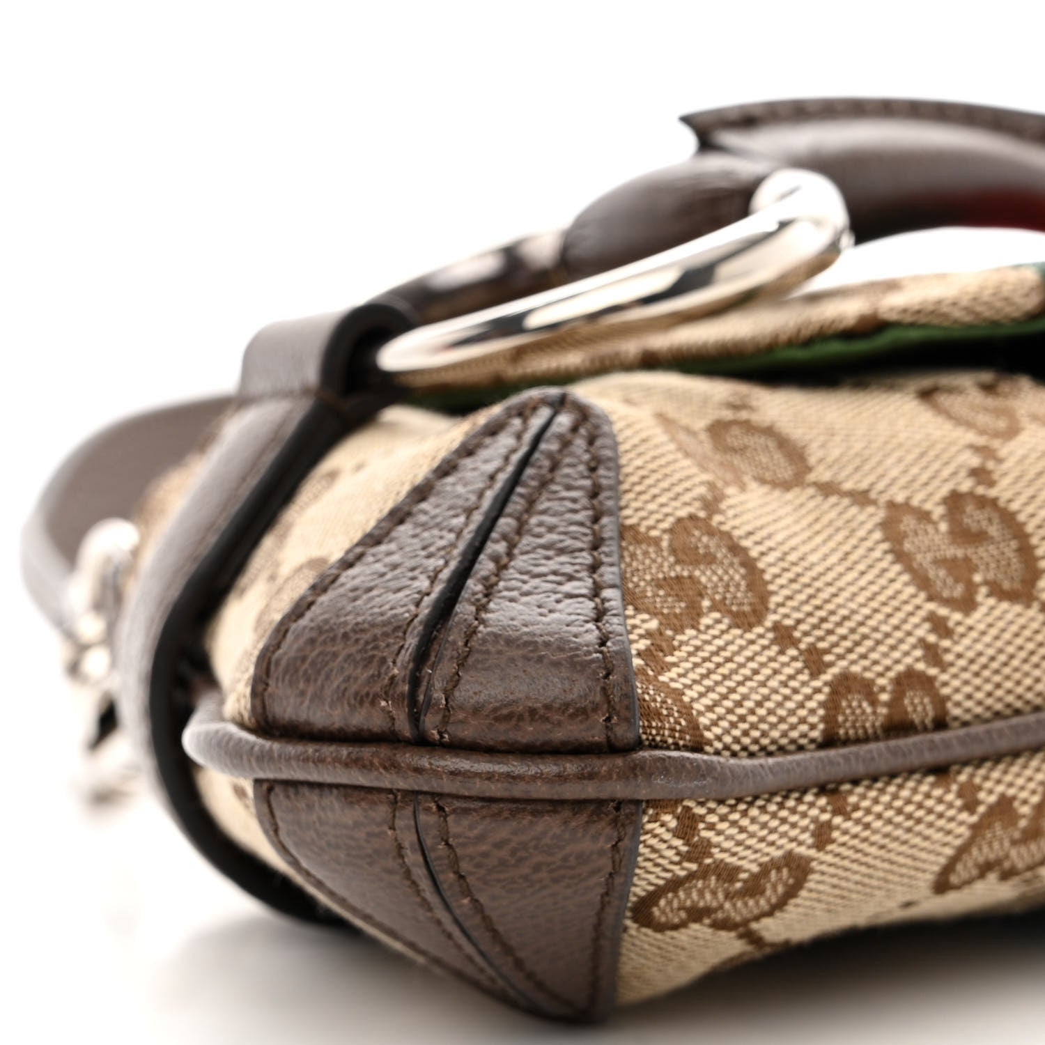 Gucci Monogram Textured Dollar Calfskin Heavy Grosgrain Web Small Maxi Horsebit Chain Shoulder Bag Beige Ebony New Acero 9 of 11